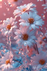 Multiple light pink flowers, surrounded by ice in mid-air, splashing with water and a pink gradient blur background. postcard, greeting card