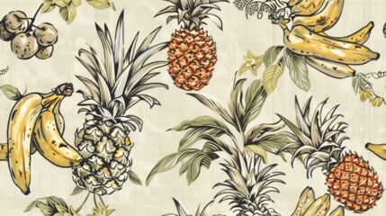  a pattern of pineapples, bananas, and other fruit on a white background with green leaves and brown spots.