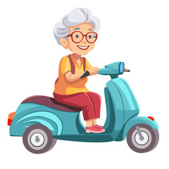 An old gray-haired smiling grandmother rides a green scooter. - 767512089