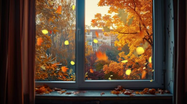 Autumnal Window Vista: Admire the picturesque autumn landscape through the window, where vibrant hues of red, orange Seamless looping 4k time-lapse virtual video animation background. Generated AI
