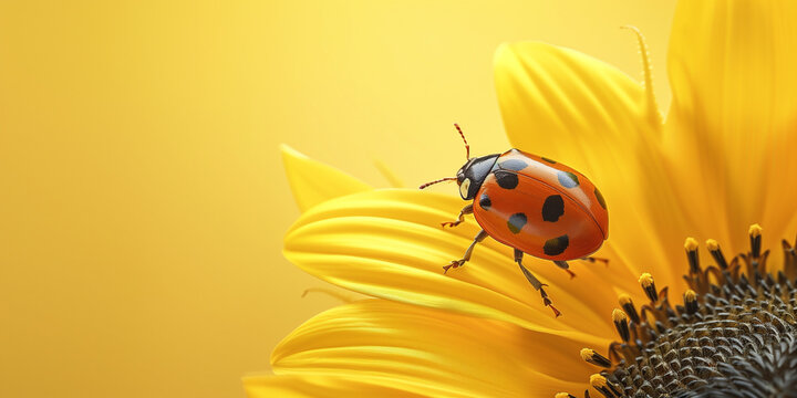 Ladybug, sunflowers on yellow background. Background with copy space