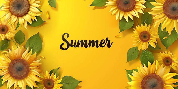 Summer sunflowers on yellow background. Card background with copy space