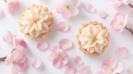  a couple of cupcakes sitting on top of a table covered in frosting next to a bunch of pink flowers.