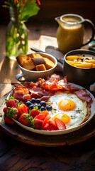 Fototapeta na wymiar Wholesome Breakfast Spread: Scrambled Eggs, Bacon, Toast, Coffee, Fresh Fruits, and Juice