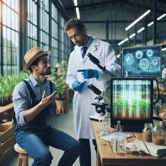 Collaboration of Farmer and Scientist in Illustration