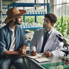 Collaboration of Farmer and Scientist in Illustration