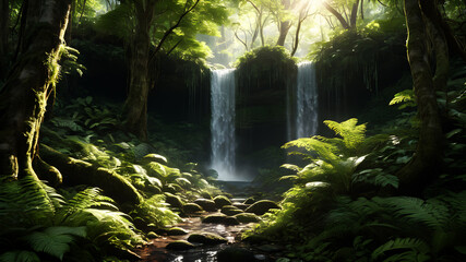 A lush forest scene, with sunlight filtering through the canopy to create dappled patterns on the...