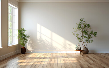 sunlit empty room with a growing flower. indoor modern interior