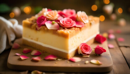 A close-up of a decadent milk cake with pink rose petals on a wooden table