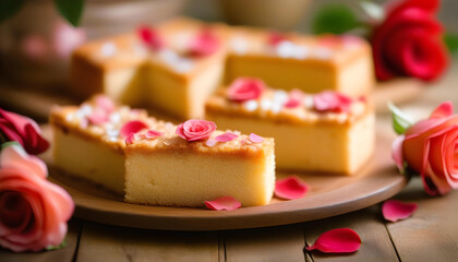 A close-up photo of a milk pastry topped with pink rose petals on a wooden table