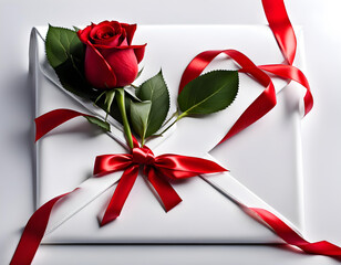 Wrapped white letter tied with elegant red ribbon and natural red rose