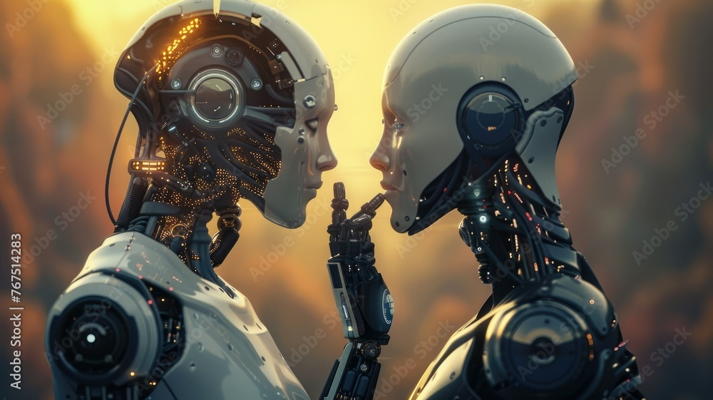 Poster two humanoid robots facing each other - futuristic robots with intricate cybernetic designs showcase