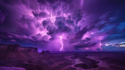 Fotobehang  a purple sky with a lightning bolt in the middle of it and a purple sky with a lightning bolt in the middle of it. © Olga