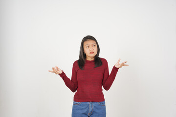 Young Asian woman in Red t-shirt Confused I don't know gesture isolated on white background