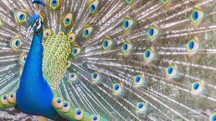 Obraz premium a close up of a peacock with it's feathers spread out and it's tail feathers spread out.