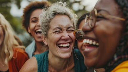 A close-up shot of a group of women of different ages laughing together, showcasing the joy of female friendships