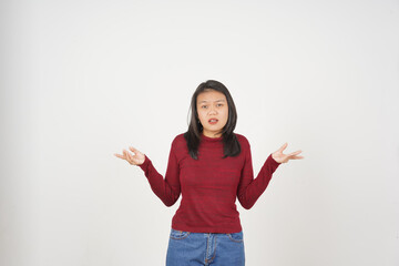 Young Asian woman in Red t-shirt Confused I don't know gesture isolated on white background