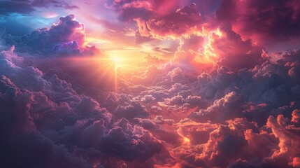 A ray of sunlight streams through the clouds illuminating a peaceful landscape and illustrating the idea of consciousness as a guiding force in the universe shining light - obrazy, fototapety, plakaty