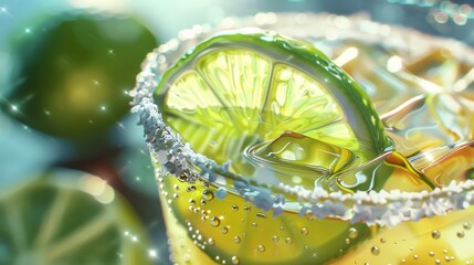 A close-up of a refreshing margarita with a lime wedge and a festive salt rim. - 767514600