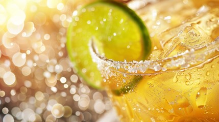 A close-up of a refreshing margarita with a lime wedge and a festive salt rim.
