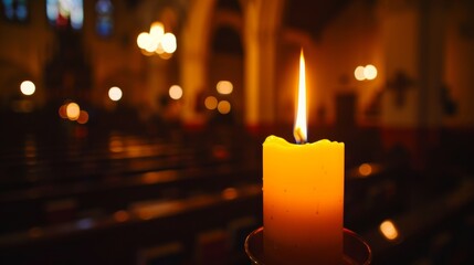 A close-up shot of a single flickering candle flame in a darkened church, symbolizing faith and hope - obrazy, fototapety, plakaty