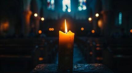 A close-up shot of a single flickering candle flame in a darkened church, symbolizing faith and hope 