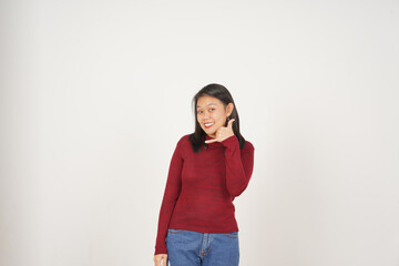 Young Asian woman in Red t-shirt Call me back gesture isolated on white background