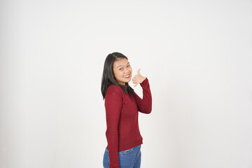 Young Asian woman in Red t-shirt Call me back gesture isolated on white background