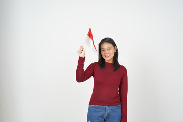 Young Asian woman in Red t-shirt Holding Indonesian flag, Independence day concept isolated on white background