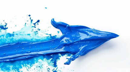 A blue plastic graphic arrow, partially splashing into blue ink, on white background