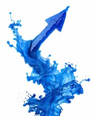 A blue plastic graphic arrow, partially splashing into blue ink, on white background