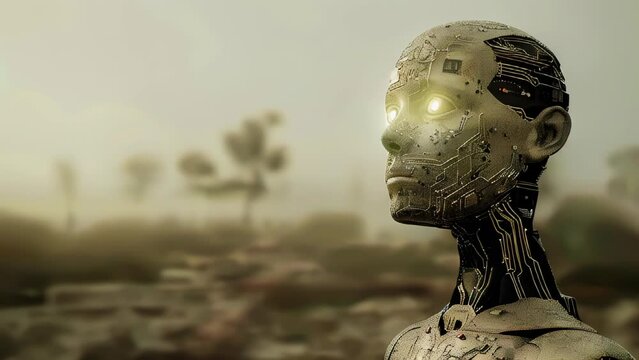 Humanoid robot stands in a misty, barren landscape. Glowing eyes and expressionless face make a striking impression. 