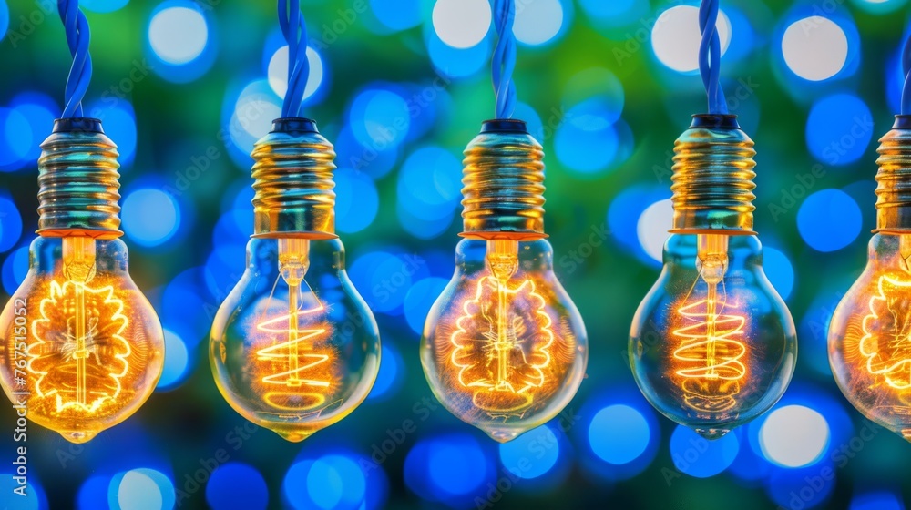 Poster a group of light bulbs with the word idea written on them hanging in front of a boke of lights.