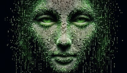 Green Digital Face Emerging from Pixelated Code, Depicting Data Security, Privacy, and Digital Identity in a Conceptual Artwork