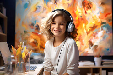 little girl wearing headphones listening to music