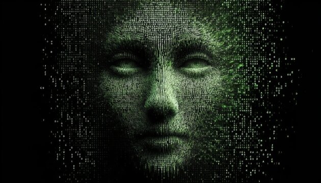 Vivid Green Human Face with Binary Code Rain Overlay, Evoking Themes of Cybersecurity, Digital Identity, and Information Technology