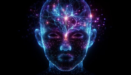 Blue and Purple Neural Network on a Digital Human Face, Representing Advanced Brain Function, AI Learning, and Technological Mind Concept