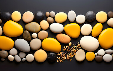 wide stripe of colored decorative stones and sea pebbles on a dark background. abstract background geometric texture.