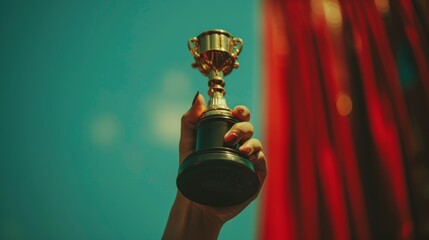 A close-up shot of a woman's hand holding an award trophy, a symbol of her achievements and...