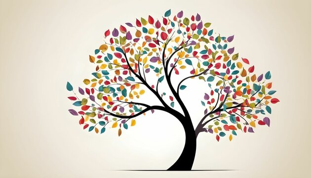Colorful tree with leaves on hanging branches illustration background. abstraction wallpaper. Floral tree with multicolor leaves created with generative ai