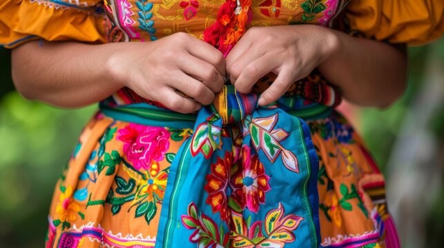 A close-up shot of a woman's hands expertly tying a bright, embroidered sash on a traditional Mexican dress 
