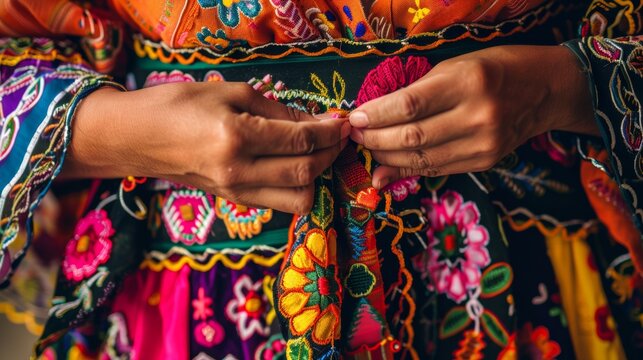 A close-up shot of a woman's hands expertly tying a bright, embroidered sash on a traditional Mexican dress 