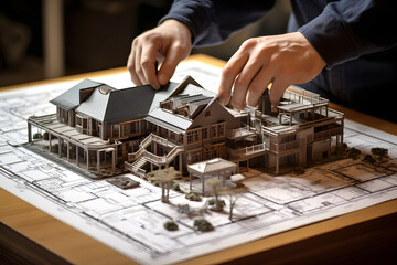 architect plans the design and construction of a model of a residential building on a table with drawings. construction and architecture