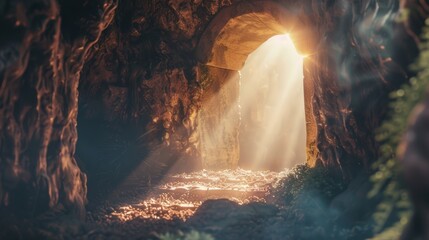 A close-up an empty tomb bathed in soft, ethereal light (Resurrection Sunday) - obrazy, fototapety, plakaty