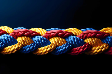 Red, blue and yellow ropes on black background. colored twisted rope made of durable material close-up. nautical rope