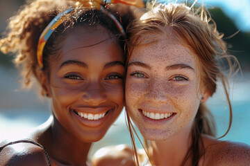Close up fashion portrait two different races women hugging, black African American and white redhead with freckles touching their heads faces to each other on summer beach water background - obrazy, fototapety, plakaty