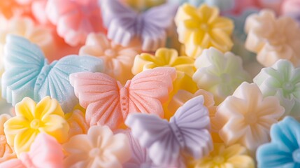 Obraz na płótnie Canvas pastel-colored candies in the shape of butterflies and flowers, perfect for spring