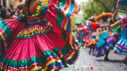 A lively Cinco de Mayo parade with people in colorful costumes, dancing and celebrating. (Focus on traditional dress) 