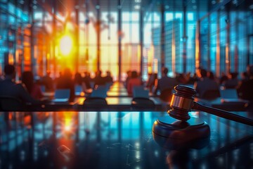 Dramatic Legal Courtroom Scene with Gavel in Foreground and Sun Setting Behind Justice Room Windows - obrazy, fototapety, plakaty