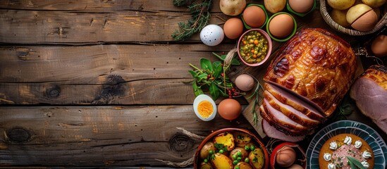Traditional Easter ham meal displayed from above on a wooden background with border, featuring ham, potatoes, eggs, buns, cake, and vegetables.